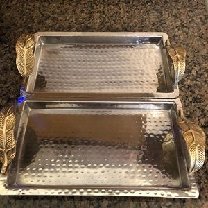 2 Rectangular Trays with Gold Tone Leaf Handles
